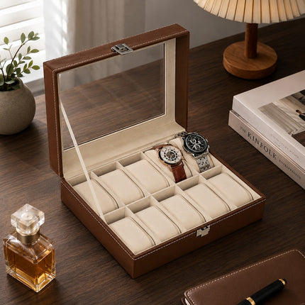 Ankit International 10 Slot Watch & Sunglasses Organizer Box with Glass Lid | PU Leather Display Storage Case | Brown