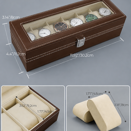 Ankit International 6 Slot Watch Storage Box with Glass Lid | PU Leather Watch Organizer Case | Display Box for Men & Women (Brown)