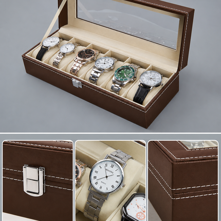 Ankit International 6 Slot Watch Storage Box with Glass Lid | PU Leather Watch Organizer Case | Display Box for Men & Women (Brown)