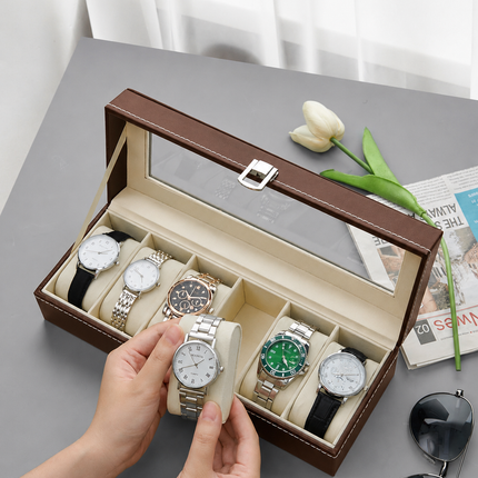 Ankit International 6 Slot Watch Storage Box with Glass Lid | PU Leather Watch Organizer Case | Display Box for Men & Women (Brown)