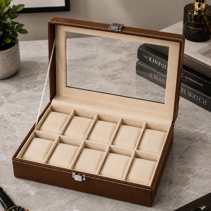 Ankit International 10 Slot Watch & Sunglasses Organizer Box with Glass Lid | PU Leather Display Storage Case | Brown