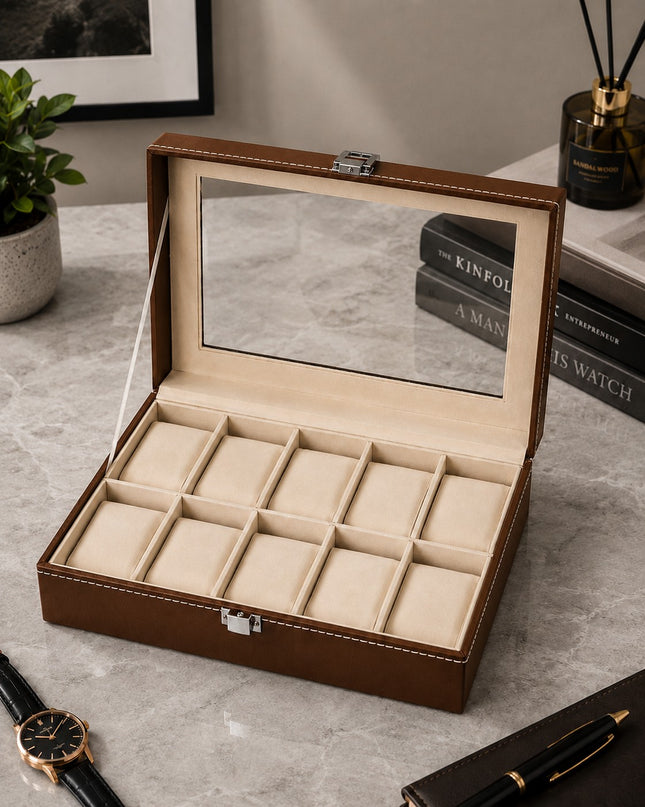 Ankit International 10 Slot Watch & Sunglasses Organizer Box with Glass Lid | PU Leather Display Storage Case | Brown