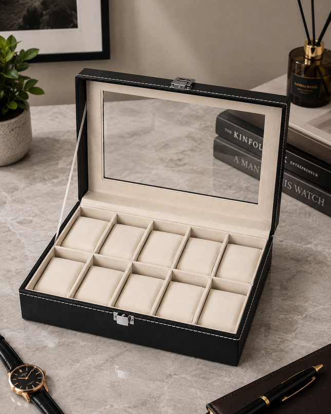 Ankit International 10 Slot Watch & Sunglasses Organizer Box with Glass Lid | PU Leather Display Storage Case | Brown