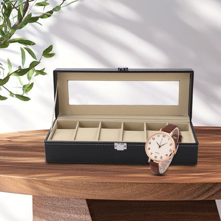 Ankit International 6 Slot Watch Storage Box with Glass Lid | PU Leather Watch Organizer Case | Display Box for Men & Women (Brown)