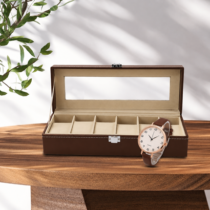 Ankit International 6 Slot Watch Storage Box with Glass Lid | PU Leather Watch Organizer Case | Display Box for Men & Women (Brown)