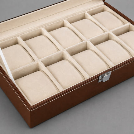 Ankit International 10 Slot Watch & Sunglasses Organizer Box with Glass Lid | PU Leather Display Storage Case | Brown