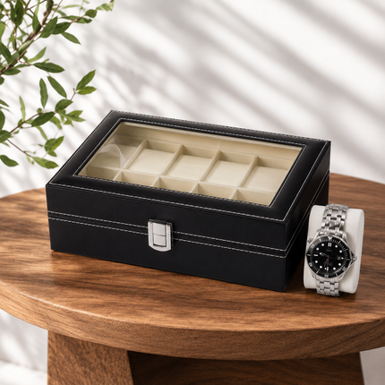 Ankit International 10 Slot Watch & Sunglasses Organizer Box with Glass Lid | PU Leather Display Storage Case | Brown