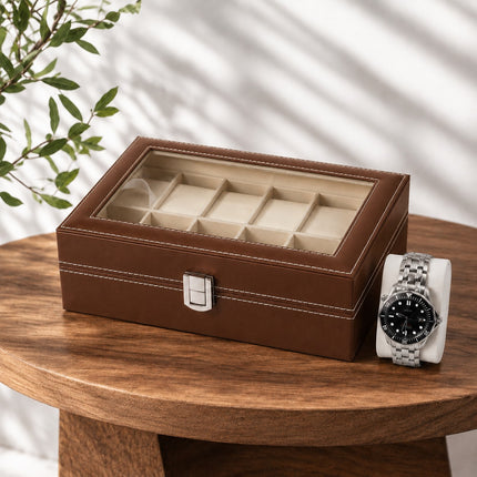 Ankit International 10 Slot Watch & Sunglasses Organizer Box with Glass Lid | PU Leather Display Storage Case | Brown