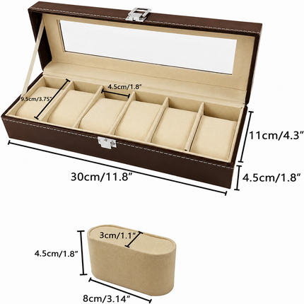 Ankit International 6 Slot Watch Storage Box with Glass Lid | PU Leather Watch Organizer Case | Display Box for Men & Women (Brown)