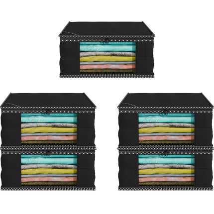 Black Saree Storage Cover with Decorative Border, Zip & Transparent Window