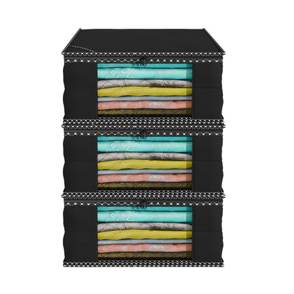 Black Saree Storage Cover with Decorative Border, Zip & Transparent Window