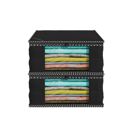 Black Saree Storage Cover with Decorative Border, Zip & Transparent Window