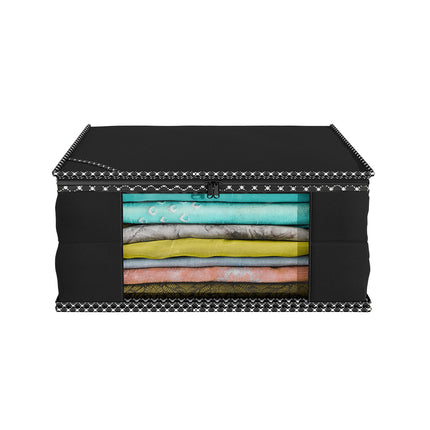 Black Saree Storage Cover with Decorative Border, Zip & Transparent Window