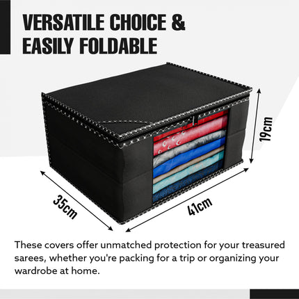 Black Saree Storage Cover with Decorative Border, Zip & Transparent Window