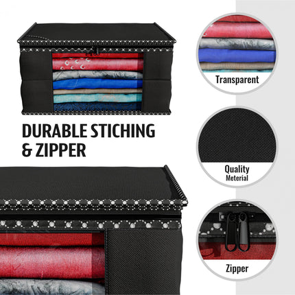 Black Saree Storage Cover with Decorative Border, Zip & Transparent Window