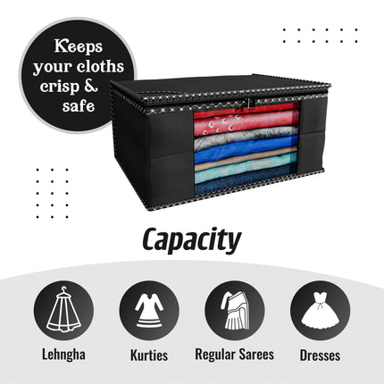 Black Saree Storage Cover with Decorative Border, Zip & Transparent Window