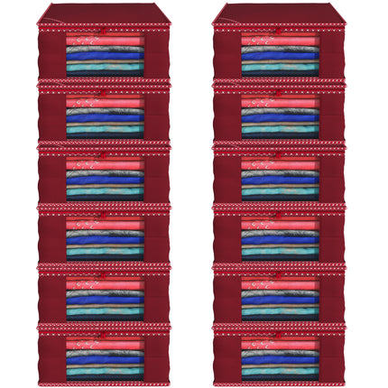 Maroon Saree Storage Cover with Decorative Border, Zip & Transparent Window