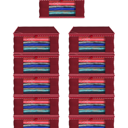 Maroon Saree Storage Cover with Decorative Border, Zip & Transparent Window