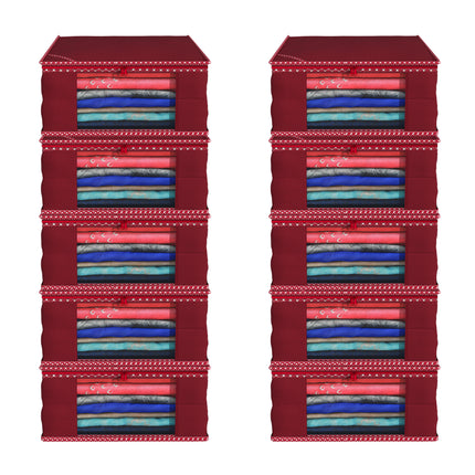 Maroon Saree Storage Cover with Decorative Border, Zip & Transparent Window