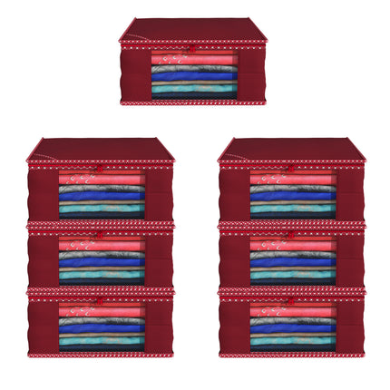 Maroon Saree Storage Cover with Decorative Border, Zip & Transparent Window