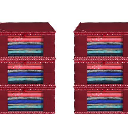 Maroon Saree Storage Cover with Decorative Border, Zip & Transparent Window