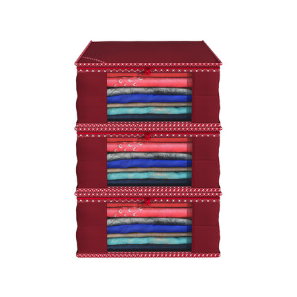 Maroon Saree Storage Cover with Decorative Border, Zip & Transparent Window