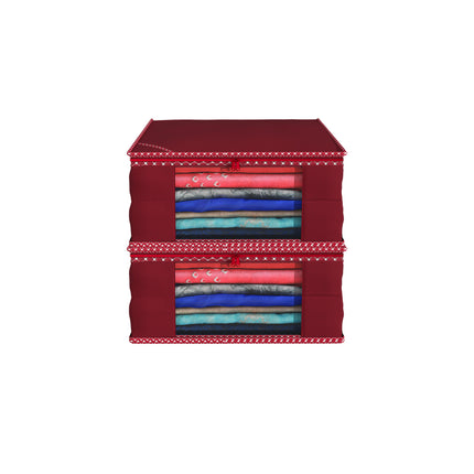 Maroon Saree Storage Cover with Decorative Border, Zip & Transparent Window