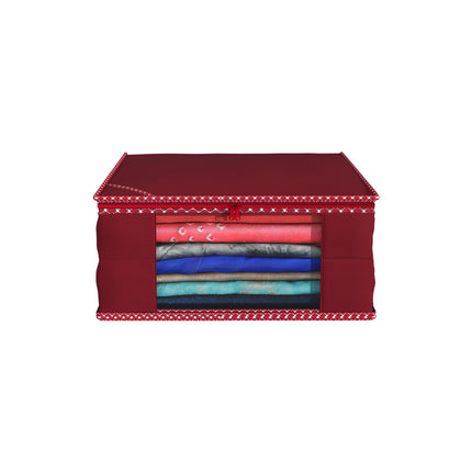 Maroon Saree Storage Cover with Decorative Border, Zip & Transparent Window