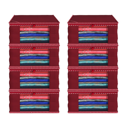Maroon Saree Storage Cover with Decorative Border, Zip & Transparent Window