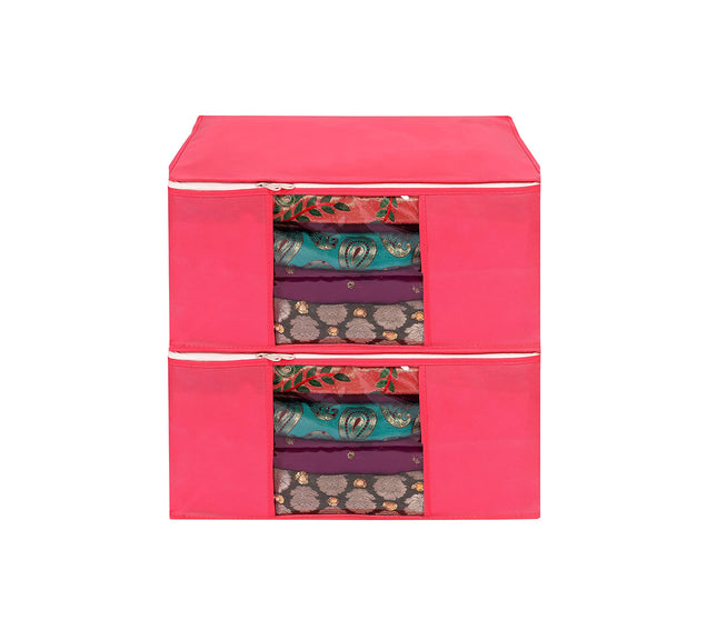 Pink Saree Storage Cover with Zip & Transparent Window