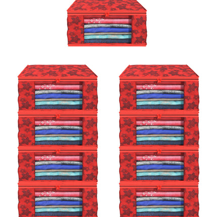 Red Floral Printed Clothes Storage Organizer Box with Transparent Window and Zip Closure