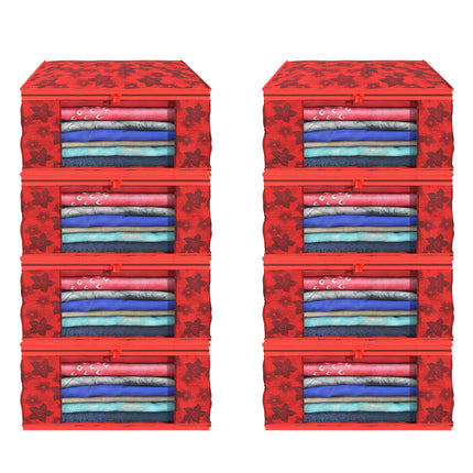 Red Floral Printed Clothes Storage Organizer Box with Transparent Window and Zip Closure