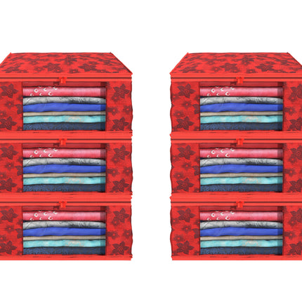 Red Floral Printed Clothes Storage Organizer Box with Transparent Window and Zip Closure
