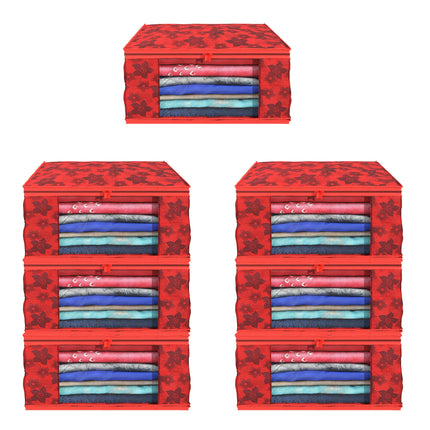 Red Floral Printed Clothes Storage Organizer Box with Transparent Window and Zip Closure