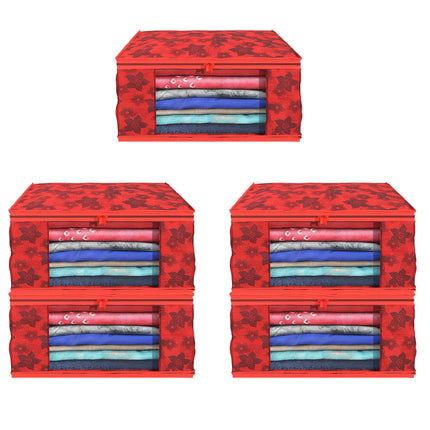 Red Floral Printed Clothes Storage Organizer Box with Transparent Window and Zip Closure