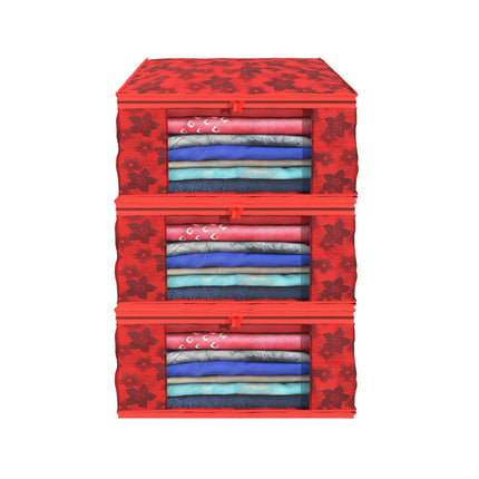 Red Floral Printed Clothes Storage Organizer Box with Transparent Window and Zip Closure