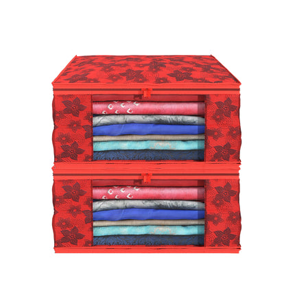 Red Floral Printed Clothes Storage Organizer Box with Transparent Window and Zip Closure