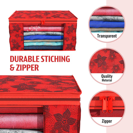 Red Floral Printed Clothes Storage Organizer Box with Transparent Window and Zip Closure