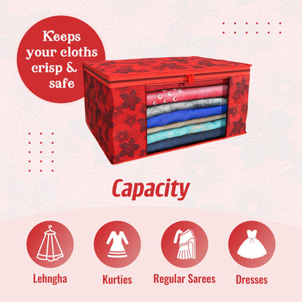Red Floral Printed Clothes Storage Organizer Box with Transparent Window and Zip Closure