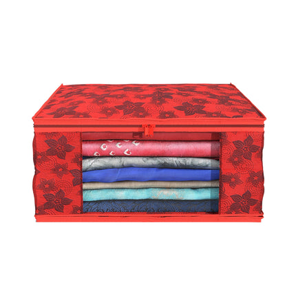 Red Floral Printed Clothes Storage Organizer Box with Transparent Window and Zip Closure