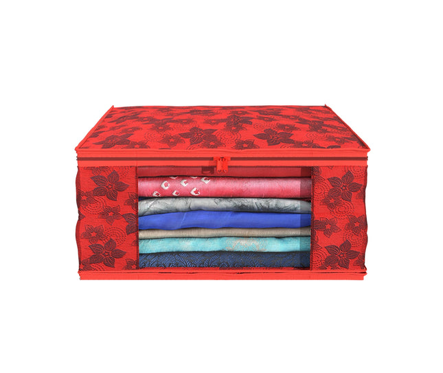 Red Floral Printed Clothes Storage Organizer Box with Transparent Window and Zip Closure