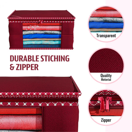 Maroon Saree Storage Cover with Decorative Border, Zip & Transparent Window