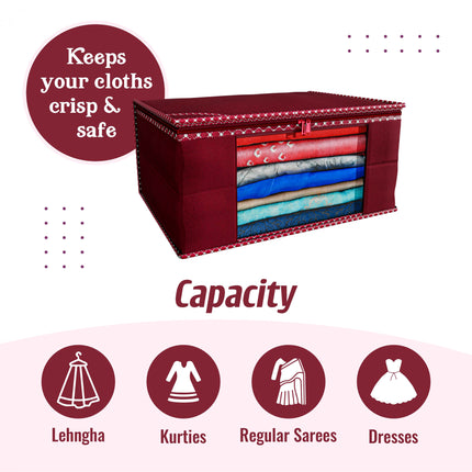 Maroon Saree Storage Cover with Decorative Border, Zip & Transparent Window