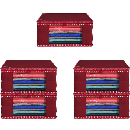 Maroon Saree Storage Cover with Decorative Border, Zip & Transparent Window
