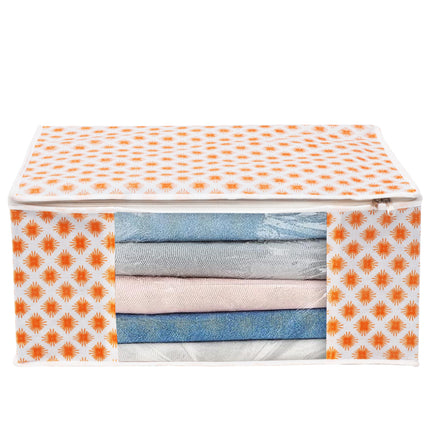 White & Orange Star Print Clothes Storage Organizer Box with Transparent Window and Zip Closure