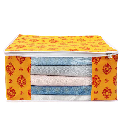 Yellow & Red Traditional Printed Clothes Storage Organizer Box with Transparent Window and Zip Closure