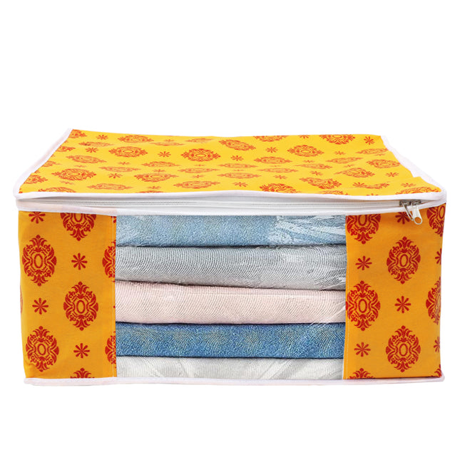 Yellow & Red Traditional Printed Clothes Storage Organizer Box with Transparent Window and Zip Closure
