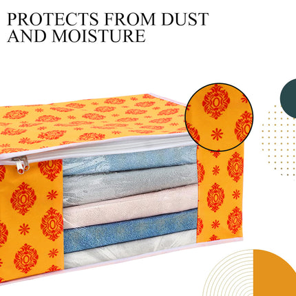 Yellow & Red Traditional Printed Clothes Storage Organizer Box with Transparent Window and Zip Closure