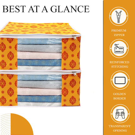 Yellow & Red Traditional Printed Clothes Storage Organizer Box with Transparent Window and Zip Closure