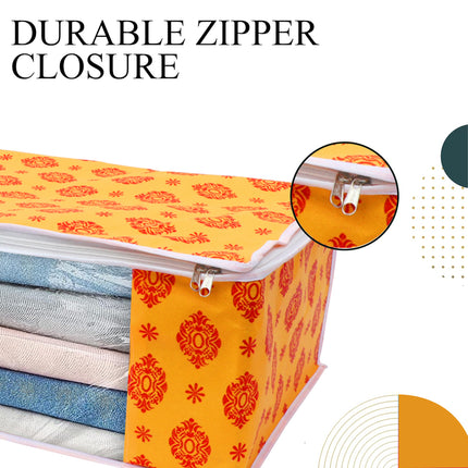 Yellow & Red Traditional Printed Clothes Storage Organizer Box with Transparent Window and Zip Closure